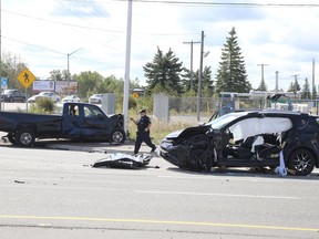 Greater Sudbury Police investigate a collision near the intersection of Falconbridge Road and Maley Drive on Sept 10, 2021. Ward 8 Coun. Al Sizer wants to see the speed limit in this area of Falconbridge Road reduced from 80 km/h to 60 km/h, in keeping with sections on either side of the zone.