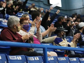 Wolves fans celebrate a goal during OHL exhibition action featuring the Sudbury Wolves and the Peterborough Petes at the Sudbury Community Arena in Sudbury, Ont. on Friday September 17, 2021. John Lappa/Sudbury Star/Postmedia Network