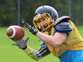 A Lively Hawks player takes part in a drill during practice at Lively District Secondary School in Lively, Ont. on Monday September 20, 2021. John Lappa/Sudbury Star/Postmedia Network