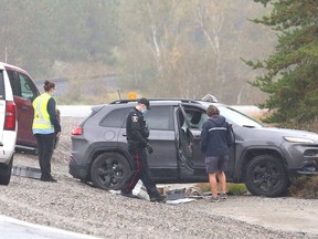 Greater Sudbury Police were in the area of Longyear Drive in Falconbridge, Ont. on Tuesday September 21, 2021 after reports of a Hit and Run where the driver of one of the involved vehicles fled on foot into a wooded area. John Lappa/Sudbury Star/Postmedia Network