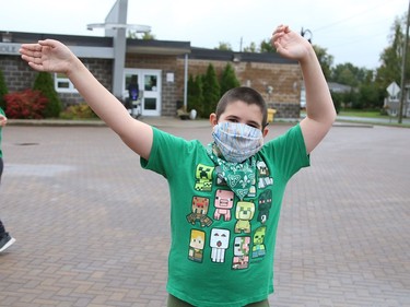 Damien Guenette, of Ecole Ste-Marie, takes part in a celebration with classmates by dancing and singing to music at a celebration for Franco-Ontarian Day in Azilda, Ont. on Friday September 24, 2021. All schools in OntarioÕs 12 French-language school boards participated in a 90-minute virtual celebration on Friday. Students from Conseil scolaire catholique Nouvelon schools participated in the mega celebration by watching a live broadcast at mondrapeaufranco.ca. The broadcast can be viewed until October 1. John Lappa/Sudbury Star/Postmedia Network