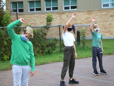 Grade 5-6 students at Ecole Ste-Marie dance and sing to music at a celebration for Franco-Ontarian Day in Azilda, Ont. on Friday September 24, 2021. All schools in OntarioÕs 12 French-language school boards participated in a 90-minute virtual celebration on Friday. Students from Conseil scolaire catholique Nouvelon schools participated in the mega celebration by watching a live broadcast at mondrapeaufranco.ca. The broadcast can be viewed until October 1. John Lappa/Sudbury Star/Postmedia Network