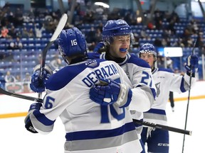 Nick Degrazia, left, and Quentin Musty, of the Sudbury Wolves, celebrate a goal during OHL exhibition action against the Owen Sound Attack at the Sudbury Community Arena in Sudbury, Ont. on Friday September 24, 2021. John Lappa/Sudbury Star/Postmedia Network