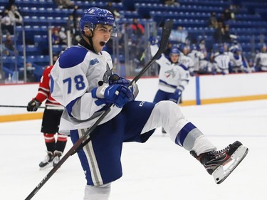 Andre Anania, of the Sudbury Wolves, celebrates a goal during OHL exhibition action against the Owen Sound Attack at the Sudbury Community Arena in Sudbury, Ont. on Friday September 24, 2021. John Lappa/Sudbury Star/Postmedia Network