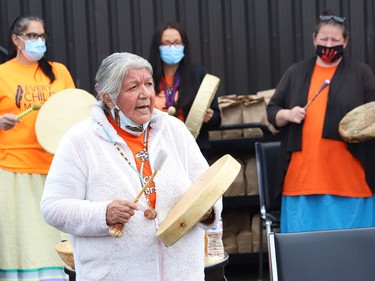 Elder Julie Ozawagosh takes part in a ceremony marking National Day for Truth and Reconciliation and Orange Shirt Day at the N'Swakamok Native Friendship Centre in Sudbury, Ont. on Thursday September 30, 2021. John Lappa/Sudbury Star/Postmedia Network