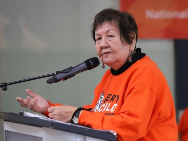 Educator and residential school survivor Grace Fox shares her experiences with an audience during a presentation at Laurentian University as part of National Day for Truth and Reconciliation and Orange Shirt Day in Sudbury, Ont. on Thursday September 30, 2021. John Lappa/Sudbury Star/Postmedia Network
