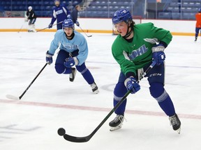 Players take part in a drill during a Wolves practice at the Sudbury Community Arena in Sudbury, Ont. on Thursday September 30, 2021. John Lappa/Sudbury Star/Postmedia Network