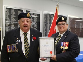 Bill Pigeon, president of Timmins Royal Canadian Legion Branch 88, and Andréa Villeneuve, sergeant at arms and parade commander for Branch 88, display the certificate received from Ontario Command celebrating the 95th anniversary of the Timmins branch.

RON GRECH/The Daily Press
