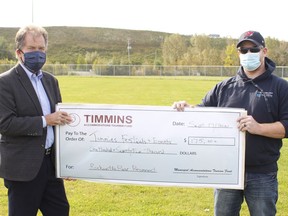 Mayor George Pirie and The Timmins Festival and Events Committee's co-chair Jeremy Wilson were at Hollinger Park as the committee received $175,000 from the Timmins Municipal Accommodations Tax Fund Committee on Friday which will go towards the costs of its upcoming "Rock On The River Reconnect" music festival being held at Hollinger Park on Oct. 1 and 2.

RICHA BHOSALE/The Daily Press