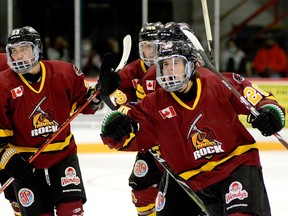 Timmins Rock forward Christopher Engelbert, right, celebrates the first of his two second-period goals during Friday night's 2021-22 NOJHL regular season opener at the McIntyre Arena. It was the first NOJHL goal for Engelbert, acquired by the Rock from the OJHL's Cobourg Cougars on Tuesday. His second of the night was the game winner as the Rock went on to post a 7-3 victory over the visiting Kirkland Lake Gold Miners. THOMAS PERRY/THE DAILY PRESS