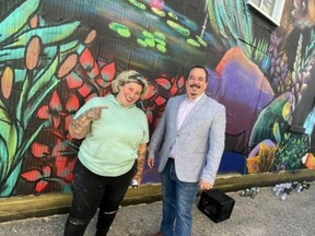 Mique Michelle and Coun. Cory Robin at the unveiling of a new mural in downtown Timmins in September.
Supplied