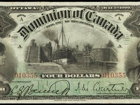 One of the items on display will be a Dominion of Canada $4 bill dated July 2nd 1900. The bill includes portraits of Lord and Lady Minto as well as a view of the harbour in Sault Ste. Marie. These notes were printed with the signature of then Deputy Minister of Finance J.M. Courtney on the lower right side of the face.

Supplied