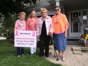 Astrid Heye celebrated 20 years of cancer free living Saturday, Sept. 11 with visits from family and friends in Tillsonburg. From left are Marie VanDamme (sister), Mary-Lynn Heye (daughter), Astrid Heye, and friend Mary Overland. (Chris Abbott/Norfolk and Tillsonburg News)