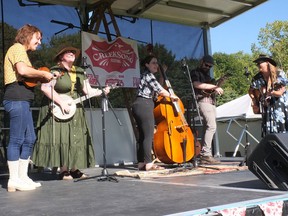 Onion Honey, a stringband from Kitchener, performs on the CreekSong Festival stage Saturday in Vienna. (Chris Abbott/Norfolk and Tillsonburg News)