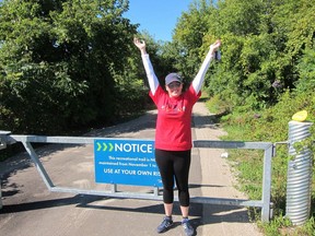 Shelley Imbeault, co-odinator of Sunday's virtual Terry Fox Run in Tillsonburg, stands at the Trans Canada trailhead at north Broadway. (Submitted)