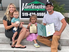 VanHeugten Contractors Inc. has been named 2021 Business of the Year by the Delhi & District Chamber of Commerce. Accepting the award were Victoria and Kyle VanHeugten, along with their two children Auston, 1, and Alyvia, 3.  CONTRIBUTED