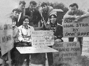 MEMBERS OF LOCAL 2995, the Lumber and Sawmill Workers Union, set up picket lines outside Cochrane Enterprises Ltd., where they are employees. The strike was called at 4am Sep. 17 after negotiations between management and union broke down. Left to right (Back Row) Lionel Trepanier, Rene Trepanier, Eugene Trepanier, David Belanger and Florian d'Agneau; (Front) Mary Gill, Sarah Bussiere and Madeleine Koops.