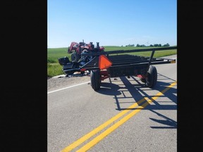The scene of a crash between a motorcycle and a tractor in rural Huron County, between Clinton and Goderich, on Sunday June 14, 2021. One person on the motorcycle was killed. (OPP photo)