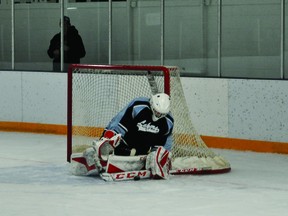 Lomond Laker goalie Geoff Drought makes a save.