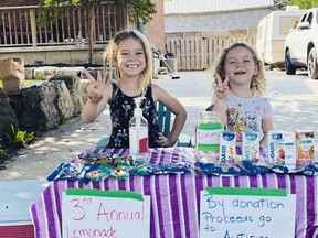 Zoey Stubbs, 6, and her sister Quinn, 4, of Norwich (from left) were selling lemonade to raise money for Autism Ontario. 
SUBMITTED PHOTO