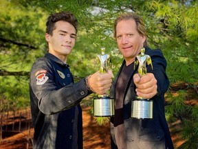 Schyler Lambert (left) and Darren Walters show off the Telly Awards they won for Online: Music Video for their Stonehouse Session of Rainy Night in Georgia. 
SUBMITTED PHOTO