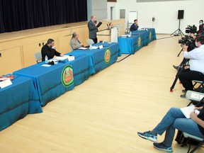 From left: NDP candidate Janine Seymour, Liberal candidate David Bruno, Green Party candidate Remi Rheault, KDCC president Andy Scribilo, PPC candidate Craig Martin and Conservative incumbent Eric Melillo during the all-candidates forum at Seven Generations Education Institute on Thursday, Sept. 9.