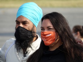 Federal NDP leader Jagmeet Singh and Kenora candidate Janine Seymour pose for a photo during Singh's campaign stop at the Kenora Airport on Thursday, Aug. 26.