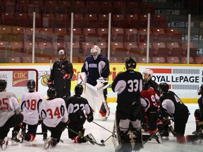 Owen Sound Attack Head Coach Greg Walters speaks to his team during the last day of training camp inside the Harry Lumley Bayshore Community Centre on Friday, Sept. 3. Greg Cowan/The Sun Times