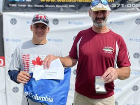Denis Bester Memorial Shootout winner Ian Kennedy (right) of Southampton, received the $5,000 top-prize and a custom pedant from shootout organizer Mark Pederson. [Photo supplied]