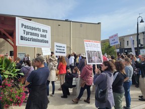 A group of protesters gather in Port Elgin on Sept. 26 in response to the provincial government's move to require people to be fully vaccinated and provide proof of their vaccination status to access certain businesses and settings in Ontario. The rally was organized by a recently formed group started on Facebook called Grey-Bruce Freedom Fighters.