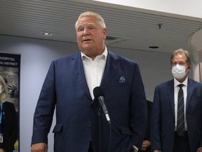Ontario Premier Doug Ford was in Timmins on Monday where he made a stop at the Timmins and District Hospital. Pictured duirng that visit to the health-care centre, he was flanked by hospital president and CEO Kate Fyfe and Timmins Mayor George Pirie, who will run for the PCs in June's election.