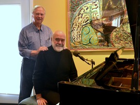 Stratford pianist and singer Kelly Walker and husband Ray Harsant are pictured in their Stratford home next to the grand piano Walker will perform on during his two-night concert at Revival House in Stratford Oct. 5 and 6, The Glory of Love. Not only is the concert a celebration of Walker’s 80th birthday in August, but it will also serve to raise money for L’Arche Stratford and Gallery Stratford. Galen Simmons/The Beacon Herald/Postmedia Network