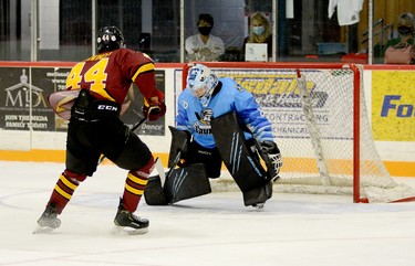 Timmins Rock captain Tyler Schwindt beats Cochrane Crunch goalie Michael Nickolau for his sixth goal of the season during Tuesday night’s NOJHL contest at the McIntyre Arena. Schwindt’s goal gave the Rock a 5-2 lead in a game they would go on to win 9-2. The Rock will welcome the French River Rapids to the McIntyre Arena on Sunday, at 3 p.m. THOMAS PERRY/THE DAILY PRESS