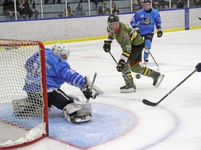 The Powassan Voodoos take a 2-1 win at home over the Cochrane Crunch in recent action. Coach Marc Lafleur has guided the team to a 6-0-1 record in its first seven outings this season. Submitted Photo