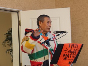 Former Piikani Nation Chief Peter Strikes With A Gun speaks at a National Day for Truth and Reconciliation event in Pincher Creek