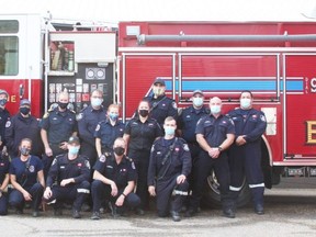 Back row, left to right: senior firefighters, Drew Keddie and Tim Berger; firefighters, Jesse Kasouf and  Cameron Jackson; engineer, Cheryl Rogers; fire chief, Tim Harris; firefighters, Dale Shewchuk, Morgan Hayward, Kelly Laramore, Trevor Routledge; captain, Mike Frayne; firefighter Travis Mitten; probationary firefighter, Mark Owens.
Front row (kneeling), left to right: lieutenant, Patrick Connellan; probationary firefighters Delarae Heond and Darien D’Orsay; lieutenant, Nolan Keddie; firefighter Bryn Keddie.
Absent from photo: captains, Mike Kinshella and Robin Differenz; lieutenant, James Martin; firefighters Matthew Bolduc, Devin Braun, Emily Differenz, Rhianna Differenz, Cornelio Esguerra (chaplain), Keely Girard, Manuel Gomez, Jamie Green, William Halabisky, Kevin Labrie, Tristan Sanchuck, Graham Smyth, Sabbir Zahed.
