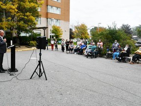 Speaking Wednesday outside Hastings Manor in Belleville, Bay of Quinte MPP announces on Wednesday new funding for long-term care homes before an audience of residents, staff and dignitaries. The new provincial funding is to help homes hire more staff to provide residents with more daily care.