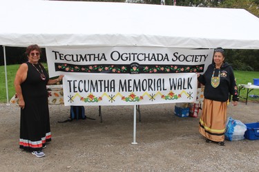 Andrea Young, left, and Patricia Shawnoo, organized a memorial walk on Tuesday, Oct. 5, 2021, in honour of Chief Tecumseh, who was killed in battle near Moraviantown on Oct. 5, 1813 during the War of 1812.