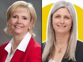 Mayoral candidates Gale Katchur, left, and Deanna Lennox, right, spoke about the issues facing Fort Saskatchewan residents during an online forum hosted by the Fort Saskatchewan and District Chamber of Commerce. Photos Supplied via Facebook.