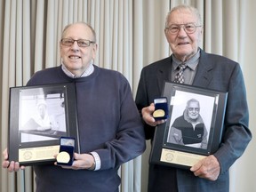 John Greenwood (left) and Heikki Kinnunen are inducted in Sault Ste. Marie's Sports Hall of Fame at Civic Centre in 2019. Greenwood was recognized in the building category for figure skating. Kinnunen was acknowledged as a cross-country skiing coach.