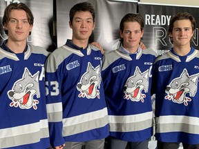 Sudbury Wolves leadership group members for 2021-22, from left to right, including Nathan Ribau, Liam Ross, Jack Thompson and Chase Stillman.