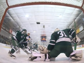 Goaltending was not the Crusaders’ strong suit in an 8-2 loss in Lloydminster on Wednesday night. Photo courtesy Target Photography