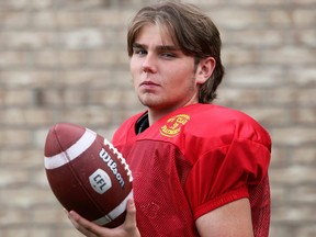 Owen Malott-Bennett of Chatham, Ont., is a quarterback for the St. Clair Fratmen in the Canadian Junior Football League. Photo taken in Chatham, Ont., on Wednesday, Sept. 15, 2021. Mark Malone/Chatham Daily News/Postmedia Network