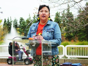 A National Day for Truth and Reconciliation ceremony at city hall saw residential school survivor Jolene Wood lead a prayer and Treaty 6 and Metis flags raised. (Ted Murphy)