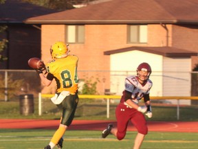 St. Joseph-Scollard Hall receiver Patrick Etmanski makes a catch during football action, Wednesday, at Cundari Field. The Bears lost 31-6 against the Algonquin Barons. Jennifer Hamilton-McCharles/The Nugget