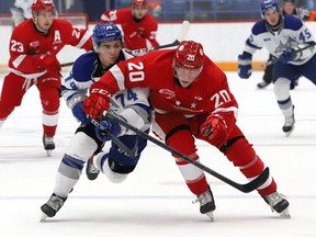 Giordano Biondi, left, of the Sudbury Wolves, and Connor Toms, of the Soo Greyhounds, chase down the puck during OHL exhibition action at the Sudbury Community Arena on Oct. 1. Toms and the Greyhounds open the regular season on Friday night when the North Bay Battalion come to town. Puck drop is set for 7:07 p.m. at the GFL Memorial Gardens.