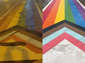 Cleanup efforts are underway after Stratford's first rainbow-coloured crosswalk was vandalized 24 hours after being installed. FACEBOOK