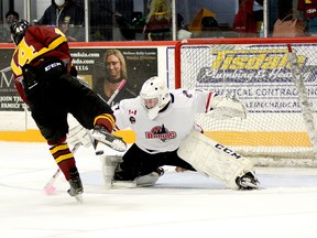 Timmins Rock captain Tyler Schwindt fires a shot under the arm of Rapids goalie Cole Sheffield and into the back of the French River net for his seventh goal of the season, a shorthanded marker, during the first period of Sunday afternoon’s NOJHL contest at the McIntyre Arena. Schwindt added his eighth goal of the season with 12.7 seconds remaining in regulation to help the Rock complete an improbable come-from-behind 4-3 victory. THOMAS PERRY/THE DAILY PRESS