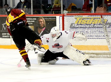 Timmins Rock captain Tyler Schwindt fires a shot under the arm of Rapids goalie Cole Sheffield and into the back of the French River net for his seventh goal of the season, a shorthanded marker, during the first period of Sunday afternoon’s NOJHL contest at the McIntyre Arena. Schwindt added his eighth goal of the season with 12.7 seconds remaining in regulation to help the Rock complete an improbable come-from-behind 4-3 victory. THOMAS PERRY/THE DAILY PRESS
