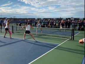Lindsay Pratt and Brittani Brown in action during the pickleball nationals this summer in Red Deer.  Photo Supplied